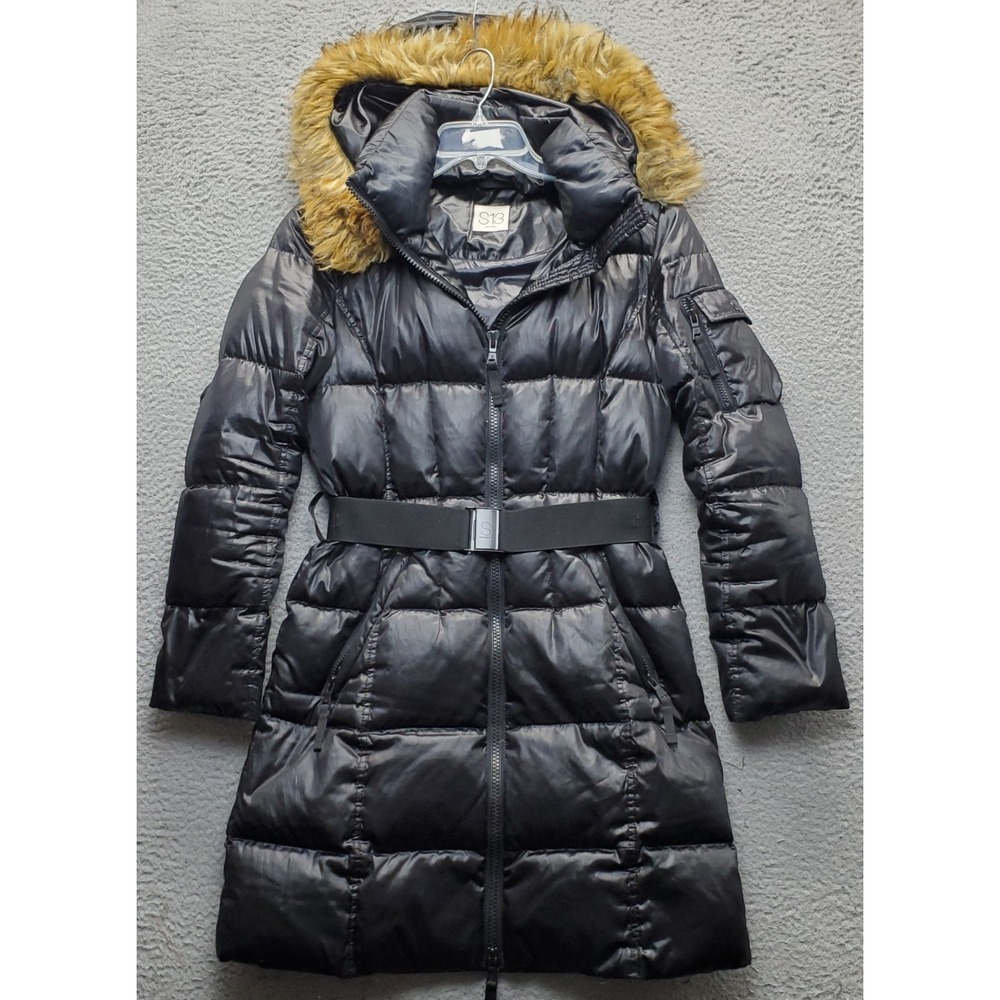 S13 NYC Chalet Long Puffer Down Jacket Womens Small Black Faux Fur Collar Hooded